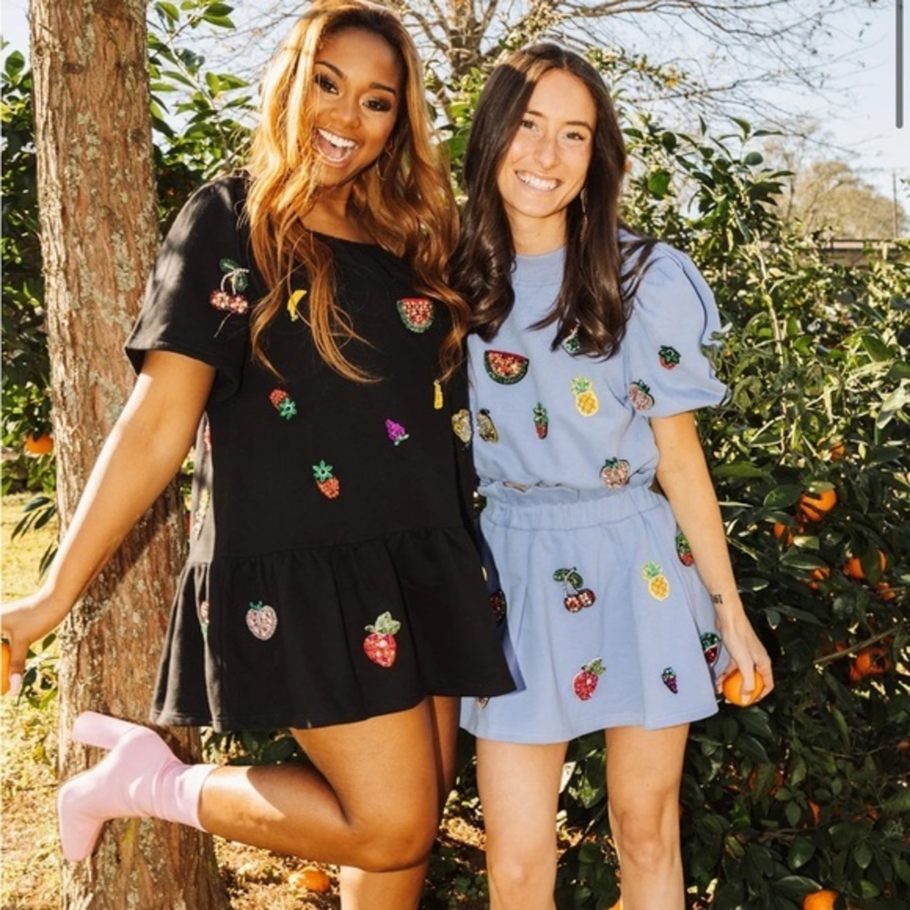 Queen of Sparkles Shift Jeweled Fruit Pattern Kawaii Mini Shift Dress S